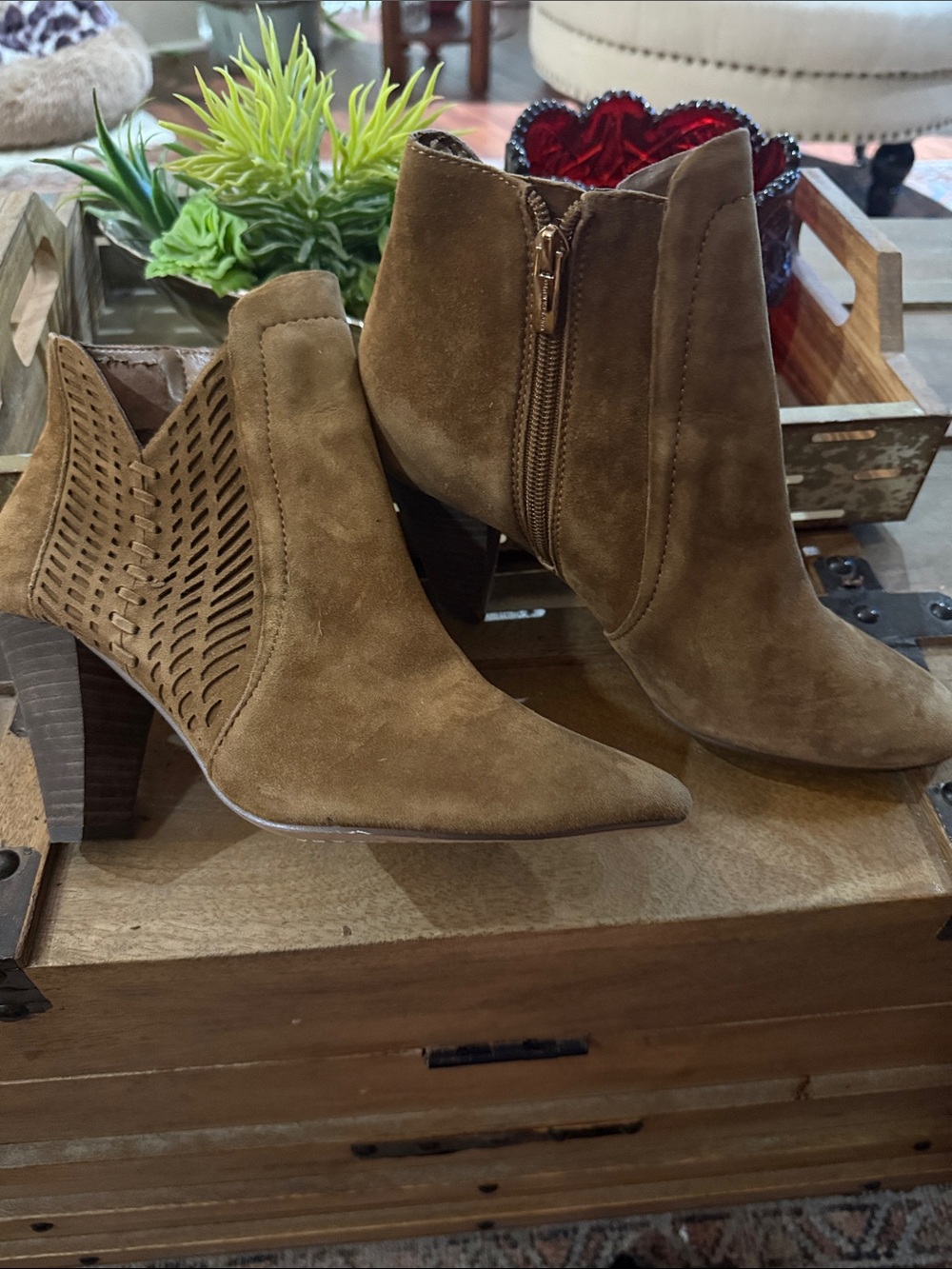 Vince Camuto Brown Suede Pointed Toe Cutout Ankle Booties